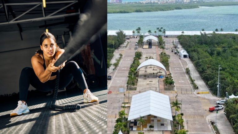 Atletas compitiendo en el circuito de fitness HYROX Cancún en Malecón Tajamar.