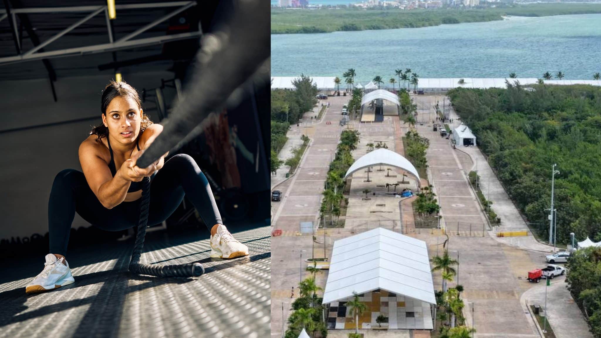 Atletas compitiendo en el circuito de fitness HYROX Cancún en Malecón Tajamar.