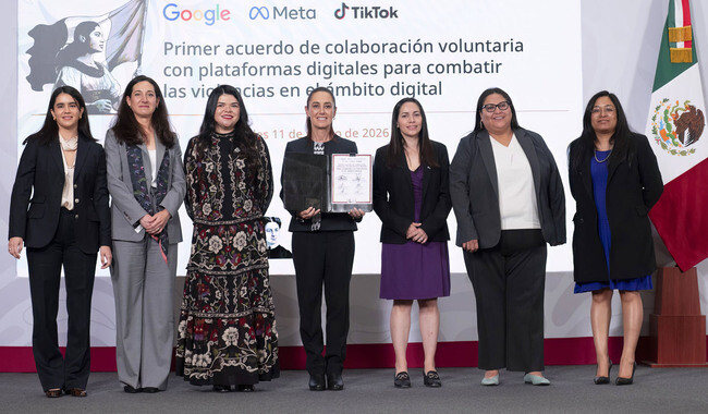 Logos de Google, Meta y TikTok junto al emblema del Gobierno de México, simbolizando el acuerdo contra la violencia digital hacia las mujeres.