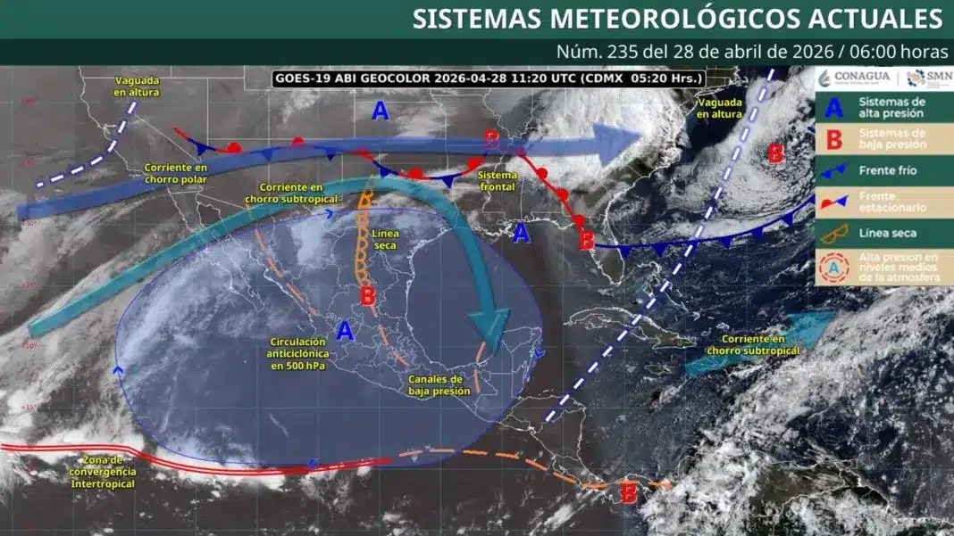 Termómetro marcando altas temperaturas sobre un mapa de calor del estado de Quintana Roo.