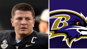 El quarterback Diego Pavia con uniforme de Vanderbilt, celebrando su reciente firma de contrato con los Baltimore Ravens de la NFL.
