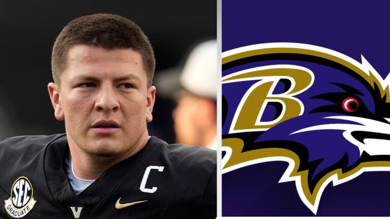 El quarterback Diego Pavia con uniforme de Vanderbilt, celebrando su reciente firma de contrato con los Baltimore Ravens de la NFL.