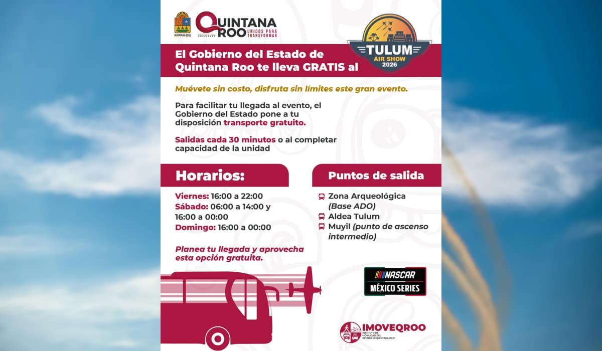 Autobús del IMOVEQROO ofrece transporte gratuito al Air Show Tulum 2026