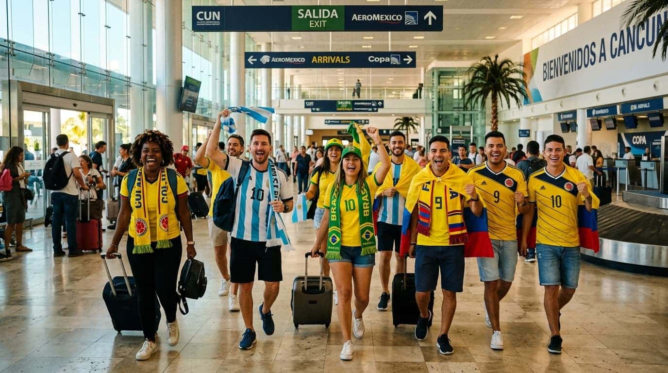 Aficionados sudamericanos arribando al Aeropuerto Internacional de Cancún rumbo al Mundial 2026