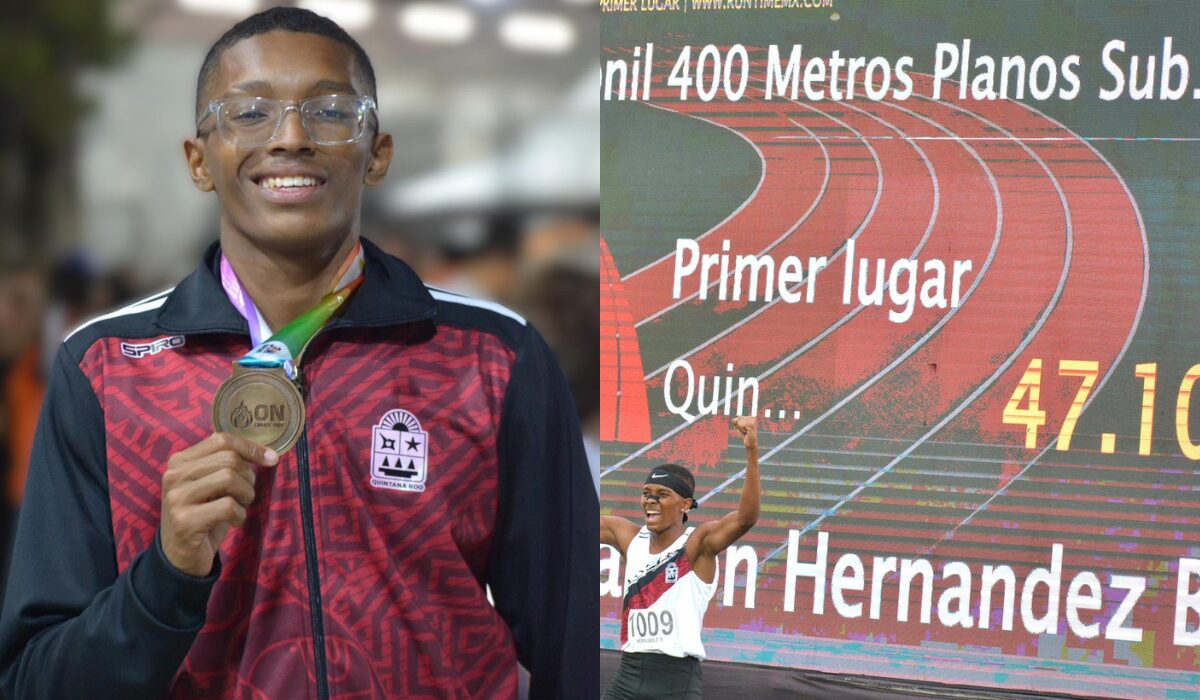 El atleta quintanarroense Bissokot Hernández tras ganar la medalla de oro en la prueba de los 400 metros de la Olimpiada Nacional CONADE 2026.