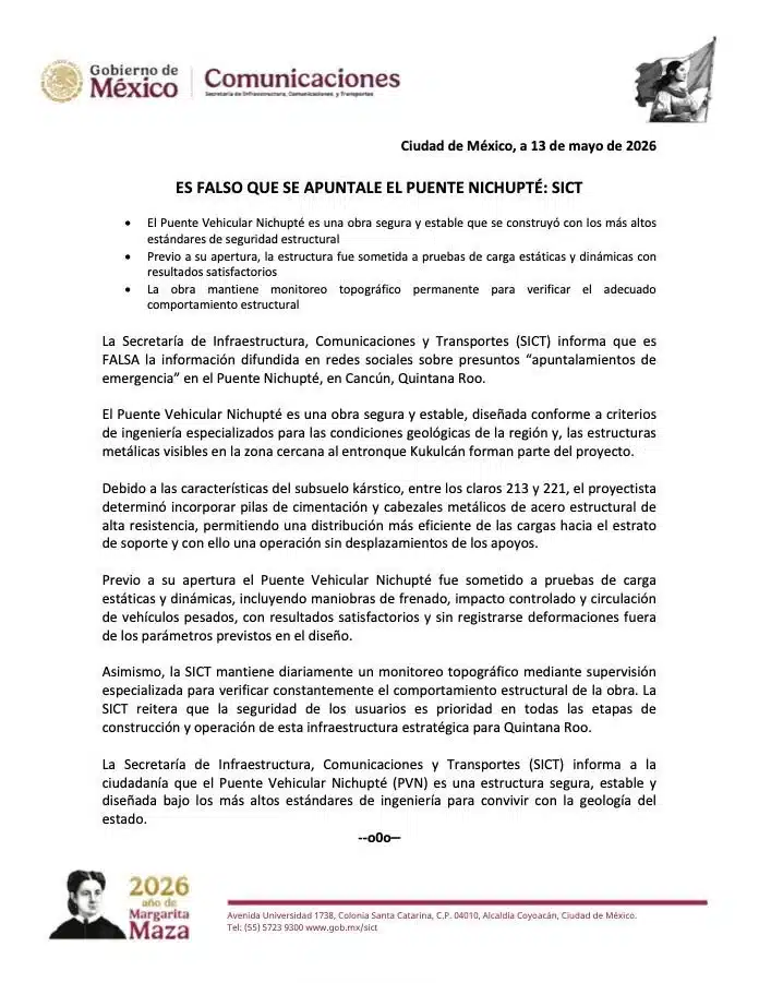 SICT desmiente apuntalamientos de emergencia en Puente Nichupté 1 imagen 2026 05 13 212239807
