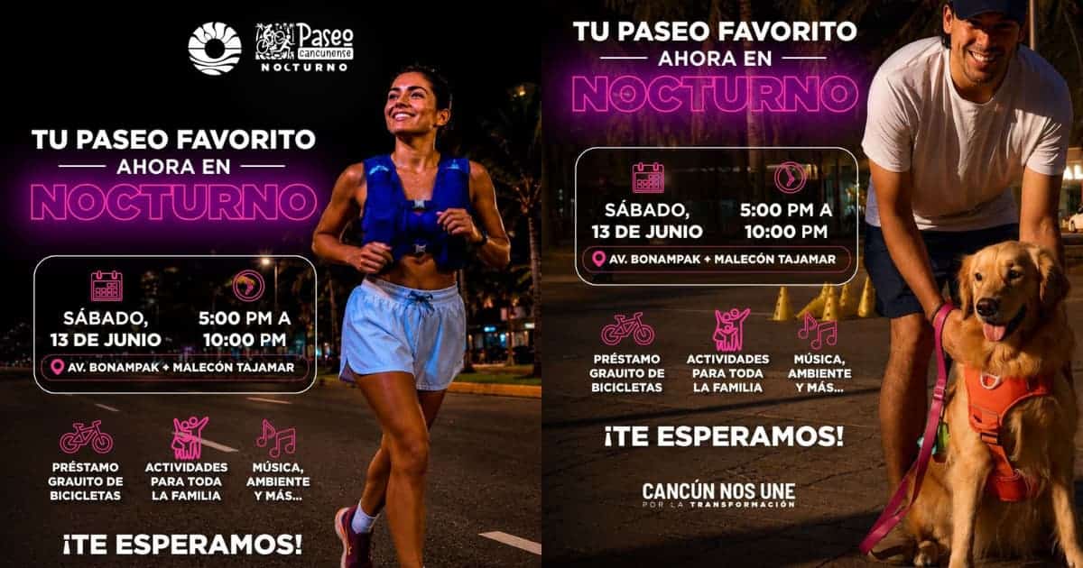 Familias en Paseo Cancunense Nocturno sobre Malecón Tajamar en Cancún