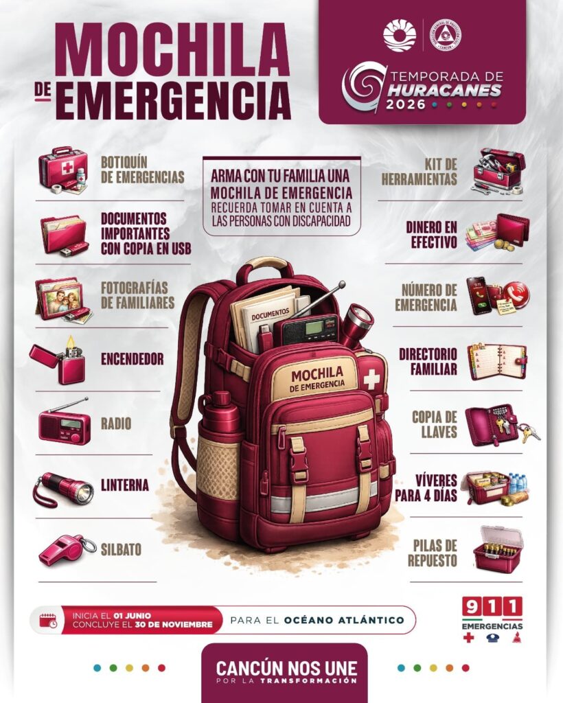 Mochila de Emergencia ante huracanes ¿Qué debe llevar? 1 Mochila de Emergencia con linterna, radio y botiquín recomendada por Protección Civil de Cancún ante huracanes 2026