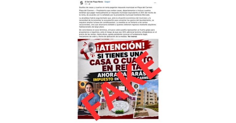 Es falso el Ayuntamiento de Playa del Carmen desmiente el impuesto del 35% a las rentas que circula en redes