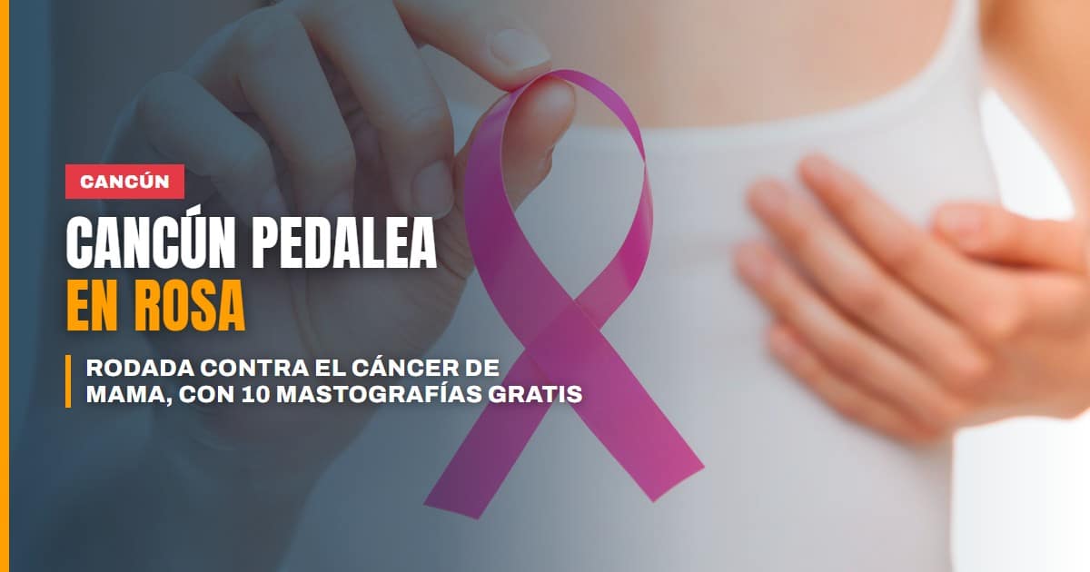 Ciclistas con detalles rosa en la rodada por el cáncer de mama en Cancún, organizada por el IMPLAN de Benito Juárez