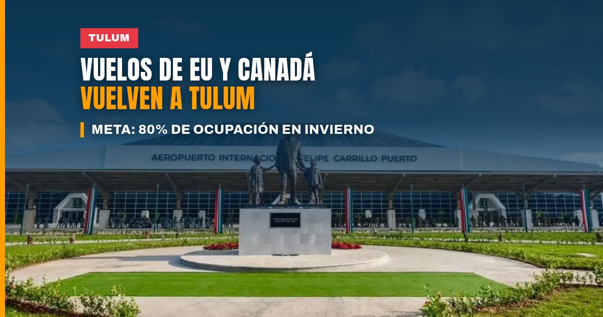 Avión en pista del aeropuerto de Tulum, símbolo de los vuelos a Tulum en invierno desde Estados Unidos y Canadá